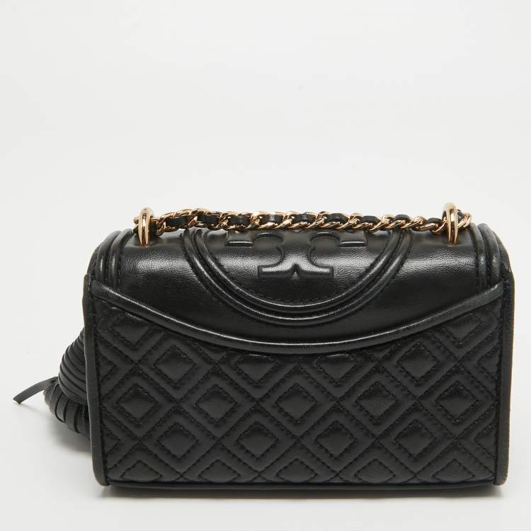 Pre Owned Tory Burch Black Quilted Leather Micro Fleming Crossbody Bag