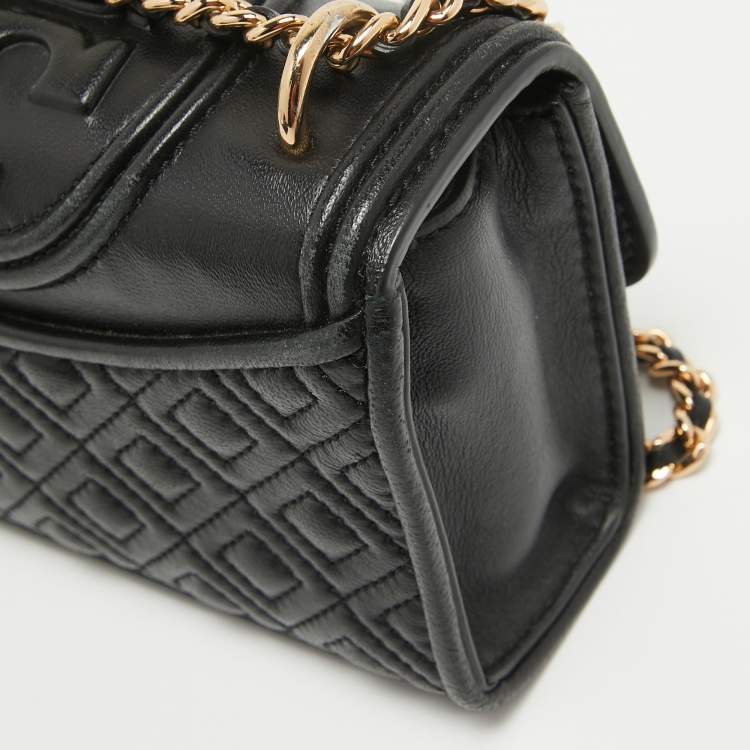 Pre Owned Tory Burch Black Quilted Leather Micro Fleming Crossbody Bag