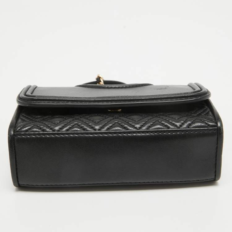Pre Owned Tory Burch Black Quilted Leather Micro Fleming Crossbody Bag