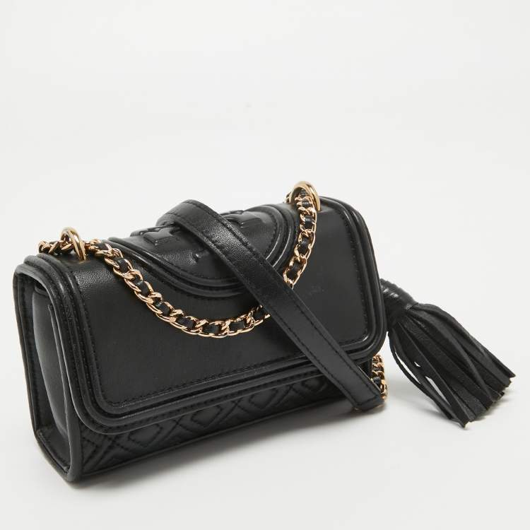 Pre Owned Tory Burch Black Quilted Leather Micro Fleming Crossbody Bag