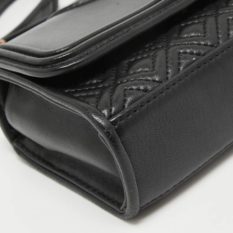 Pre Owned Tory Burch Black Quilted Leather Micro Fleming Crossbody Bag