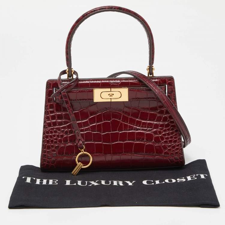 Pre Owned Tory Burch Red Croc Embossed Leather Petite Lee Radziwill Top Handle Bag