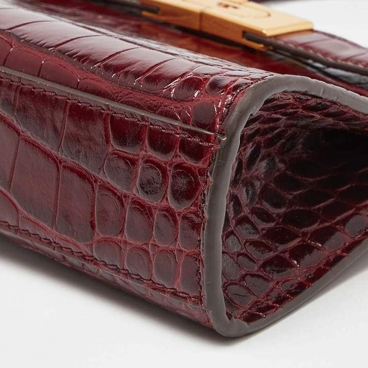 Pre Owned Tory Burch Red Croc Embossed Leather Petite Lee Radziwill Top Handle Bag