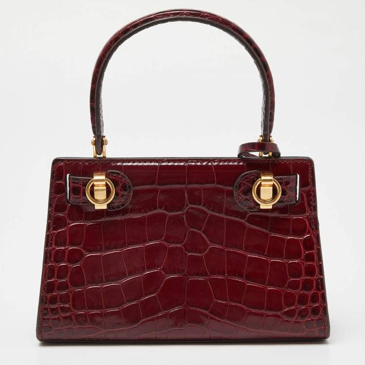 Pre Owned Tory Burch Red Croc Embossed Leather Petite Lee Radziwill Top Handle Bag