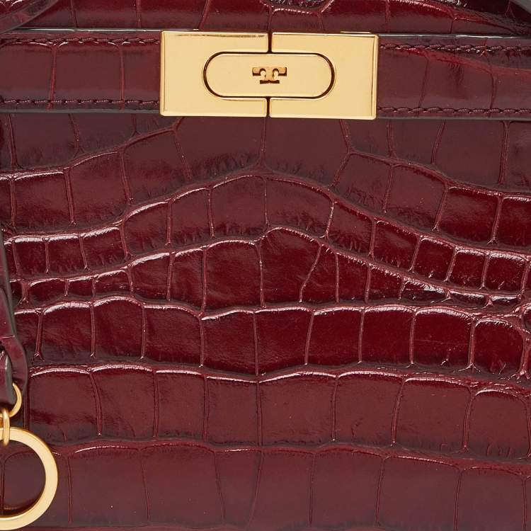 Pre Owned Tory Burch Red Croc Embossed Leather Petite Lee Radziwill Top Handle Bag