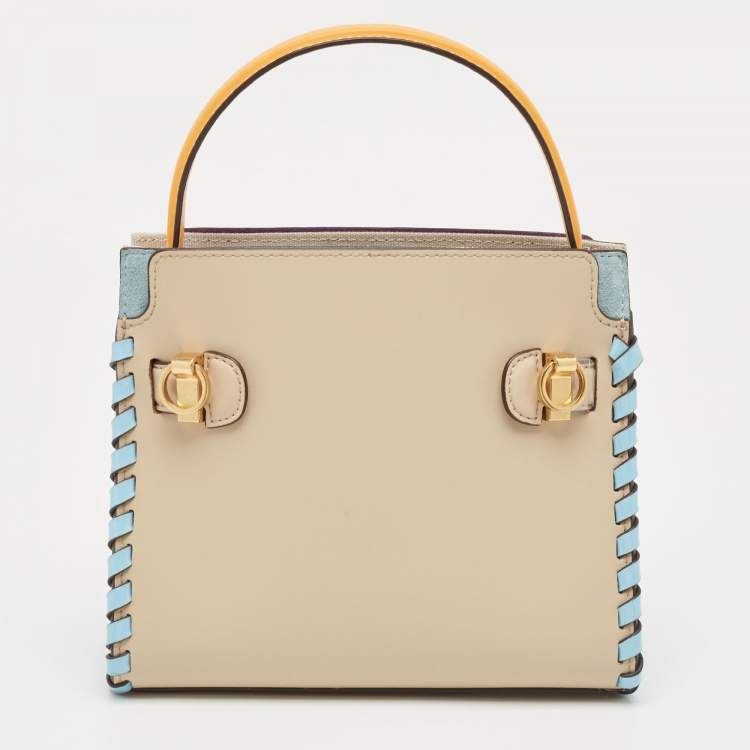 Pre Owned Tory Burch Tricolor Whipstitch Leather Lee Radziwill Double Top Handle Bag