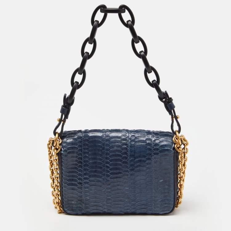 Pre Owned Tory Burch Blue Snakeskin and Lather Kira Envelope Flap Shoulder Bag