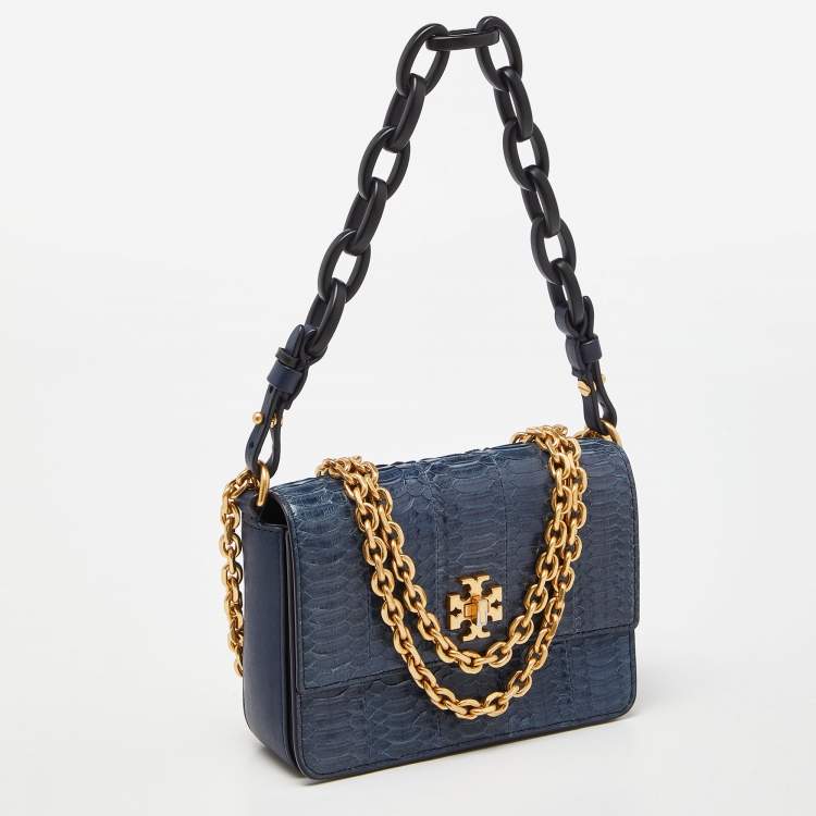 Pre Owned Tory Burch Blue Snakeskin and Lather Kira Envelope Flap Shoulder Bag