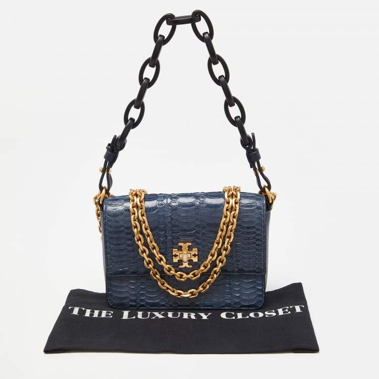 Pre Owned Tory Burch Blue Snakeskin and Lather Kira Envelope Flap Shoulder Bag