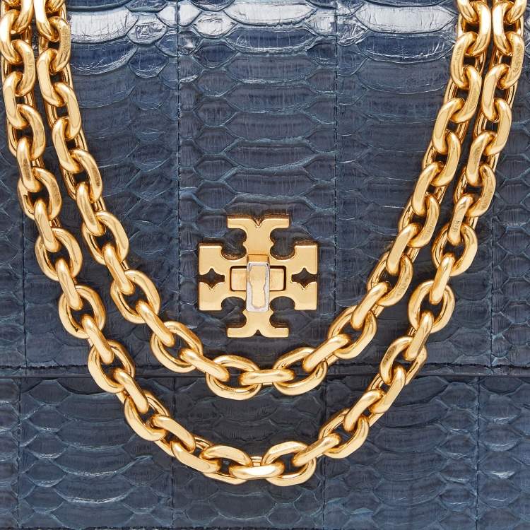 Pre Owned Tory Burch Blue Snakeskin and Lather Kira Envelope Flap Shoulder Bag