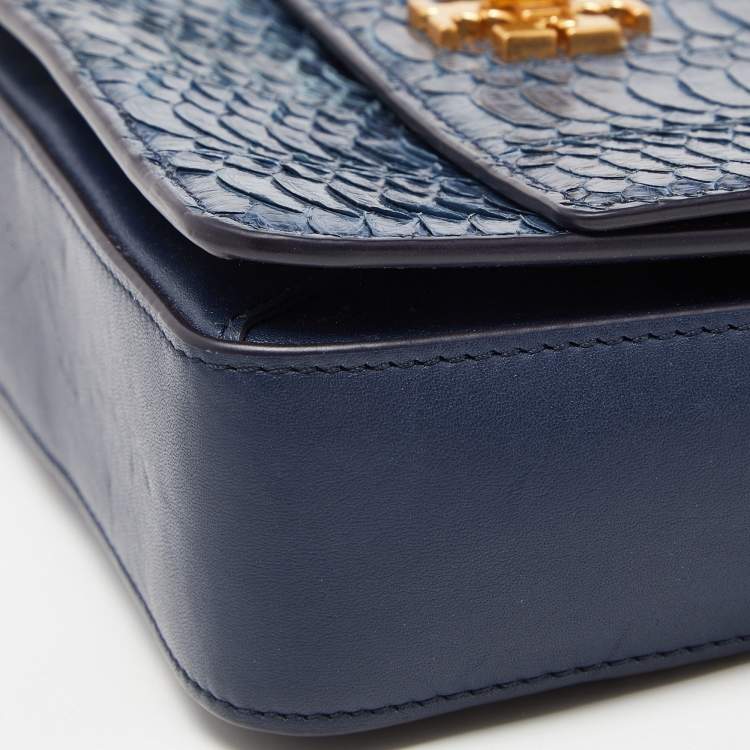 Pre Owned Tory Burch Blue Snakeskin and Lather Kira Envelope Flap Shoulder Bag