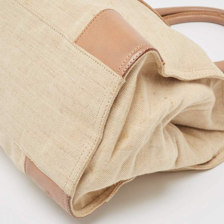 Pre Owned Tory Burch Natural/Beige Canvas and Leather Large Ella Tote