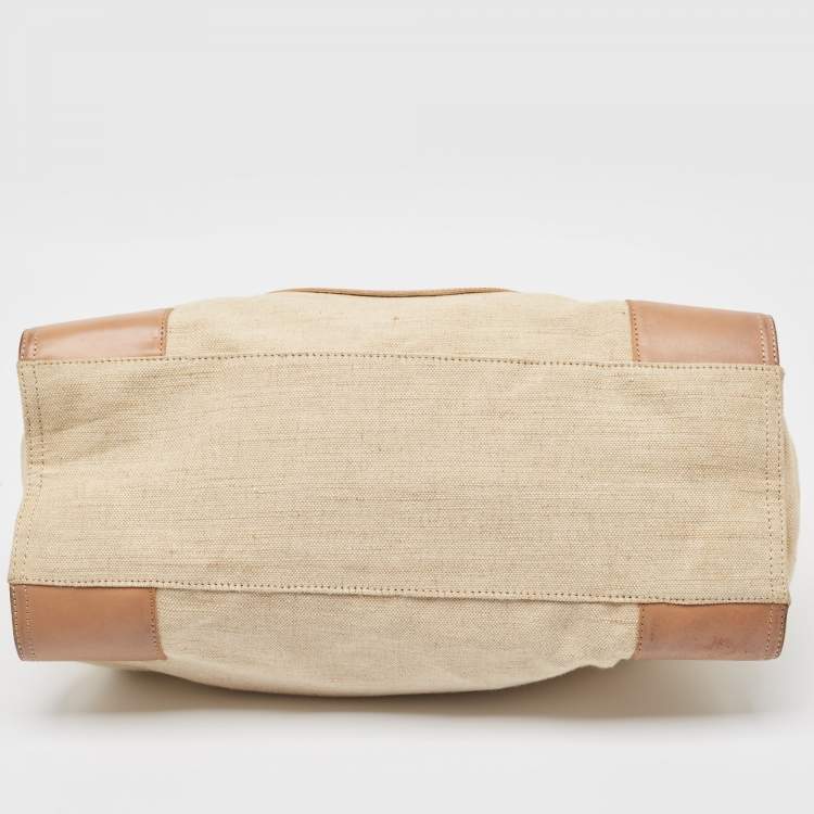 Pre Owned Tory Burch Natural/Beige Canvas and Leather Large Ella Tote
