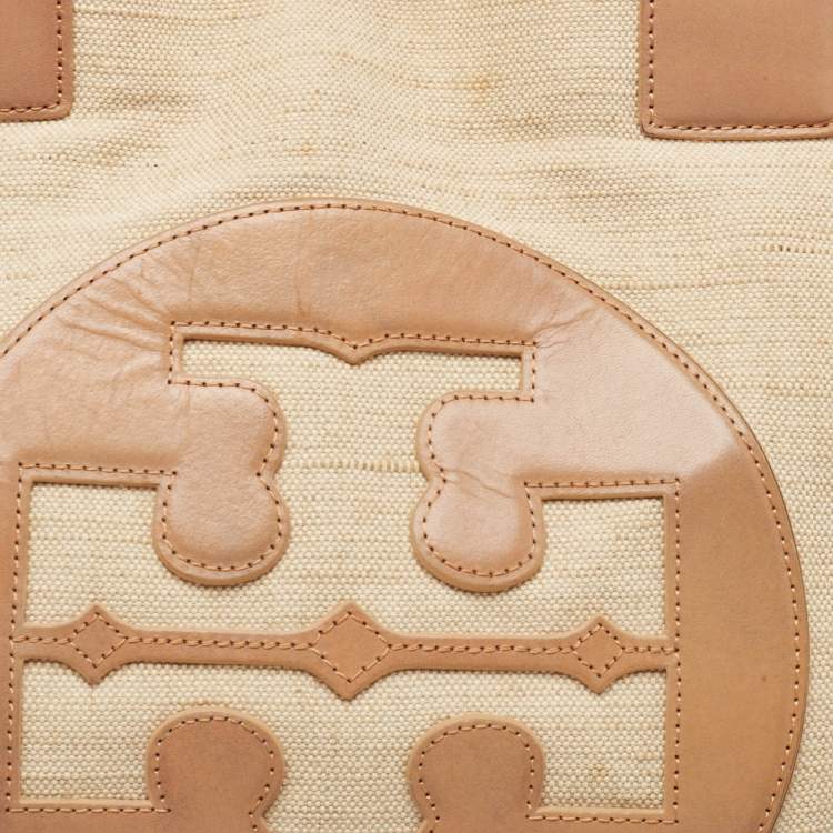 Pre Owned Tory Burch Natural/Beige Canvas and Leather Large Ella Tote