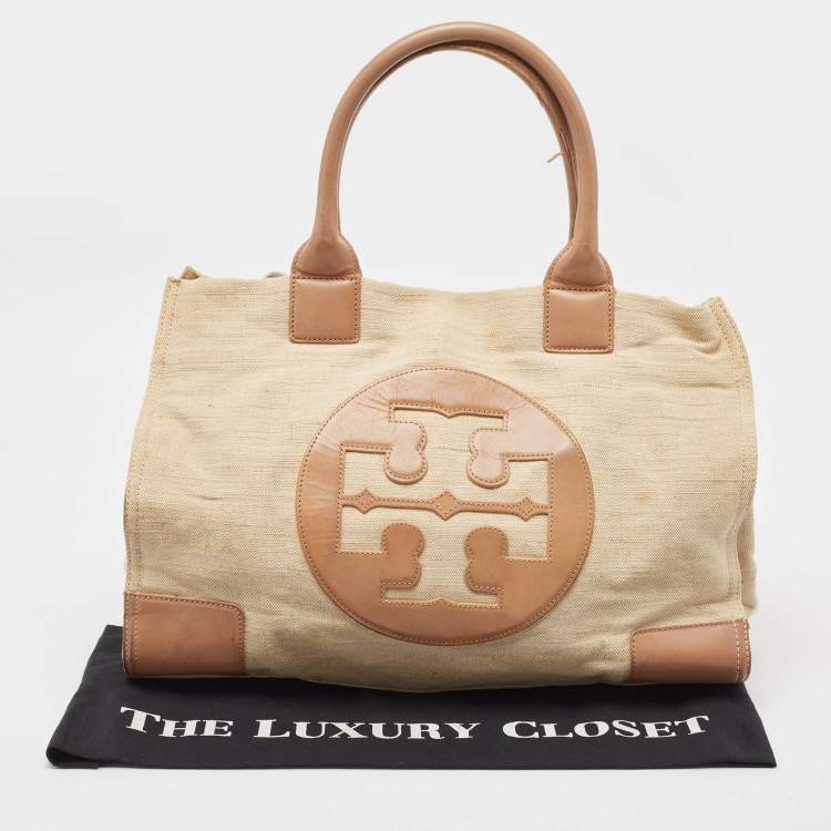 Pre Owned Tory Burch Natural/Beige Canvas and Leather Large Ella Tote