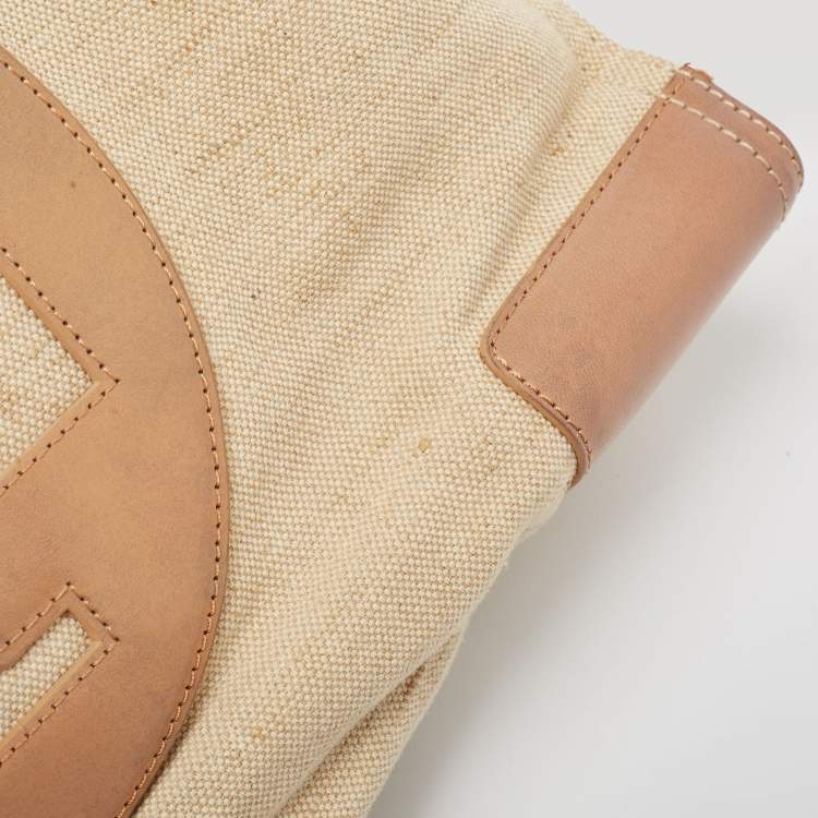 Pre Owned Tory Burch Natural/Beige Canvas and Leather Large Ella Tote