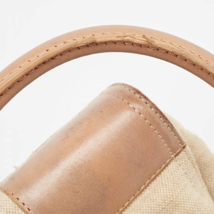 Pre Owned Tory Burch Natural/Beige Canvas and Leather Large Ella Tote