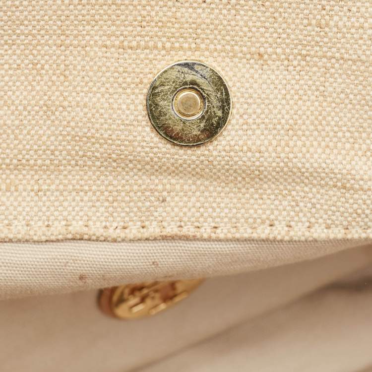 Pre Owned Tory Burch Natural/Beige Canvas and Leather Large Ella Tote