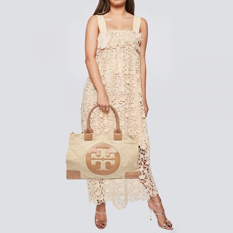 Pre Owned Tory Burch Natural/Beige Canvas and Leather Large Ella Tote