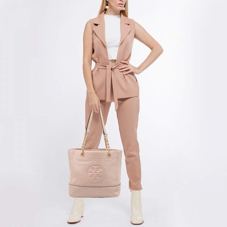 Pre Owned Tory Burch Pink Leather Fleming Tote