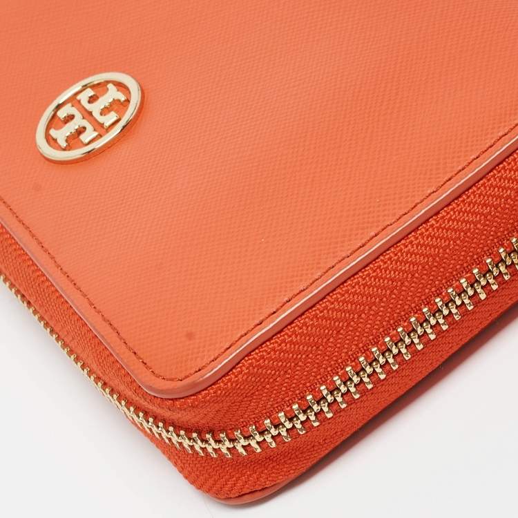 Pre Owned Tory Burch Orange Leather Robinson Zip Around Wristlet Wallet