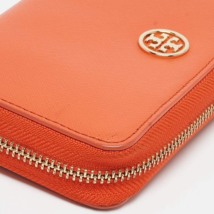 Pre Owned Tory Burch Orange Leather Robinson Zip Around Wristlet Wallet