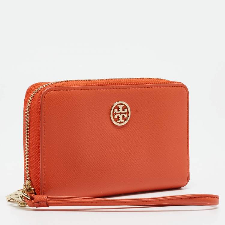 Pre Owned Tory Burch Orange Leather Robinson Zip Around Wristlet Wallet