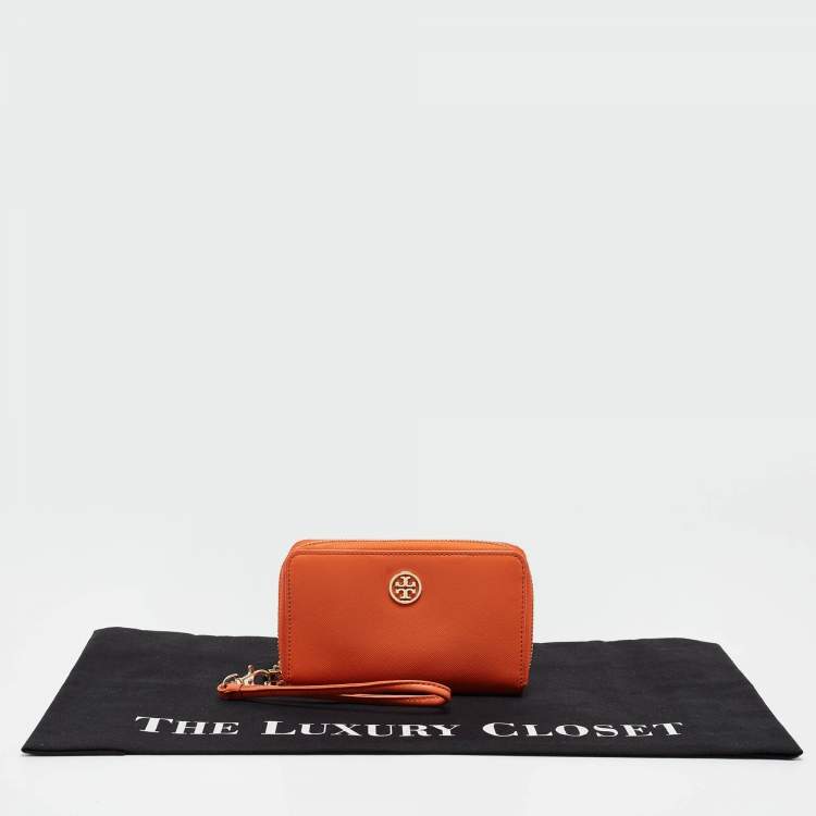 Pre Owned Tory Burch Orange Leather Robinson Zip Around Wristlet Wallet