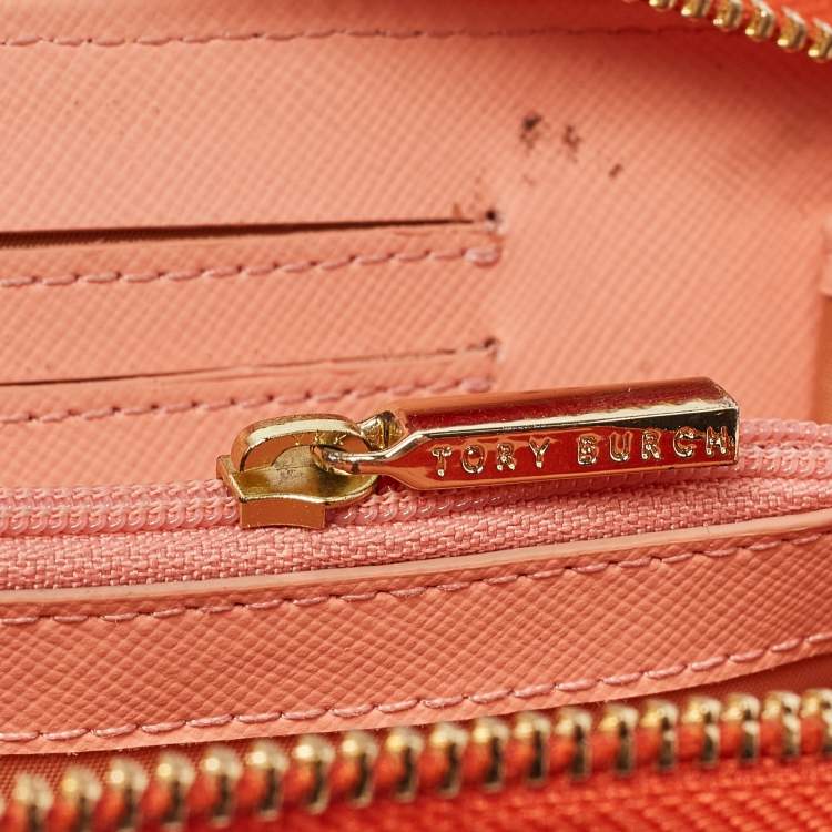 Pre Owned Tory Burch Orange Leather Robinson Zip Around Wristlet Wallet
