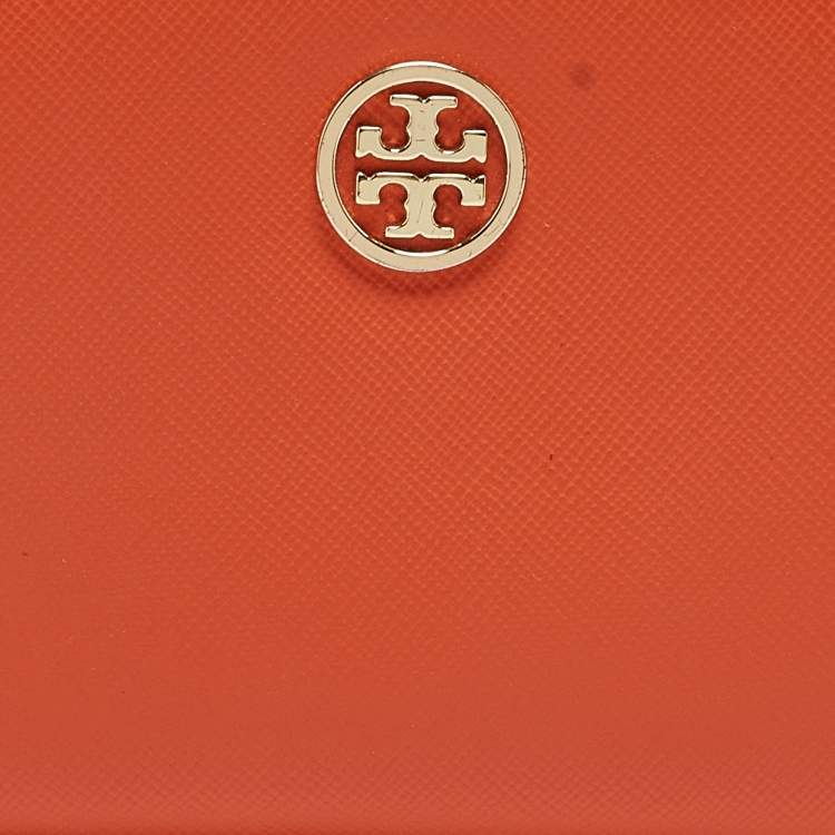 Pre Owned Tory Burch Orange Leather Robinson Zip Around Wristlet Wallet