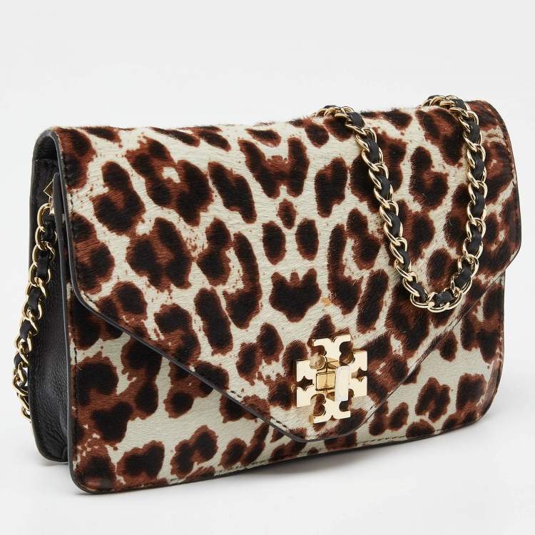 Pre Owned Tory Burch Brown/Black Printed Fur and Leather Kira Envelope Flap Chain Bag