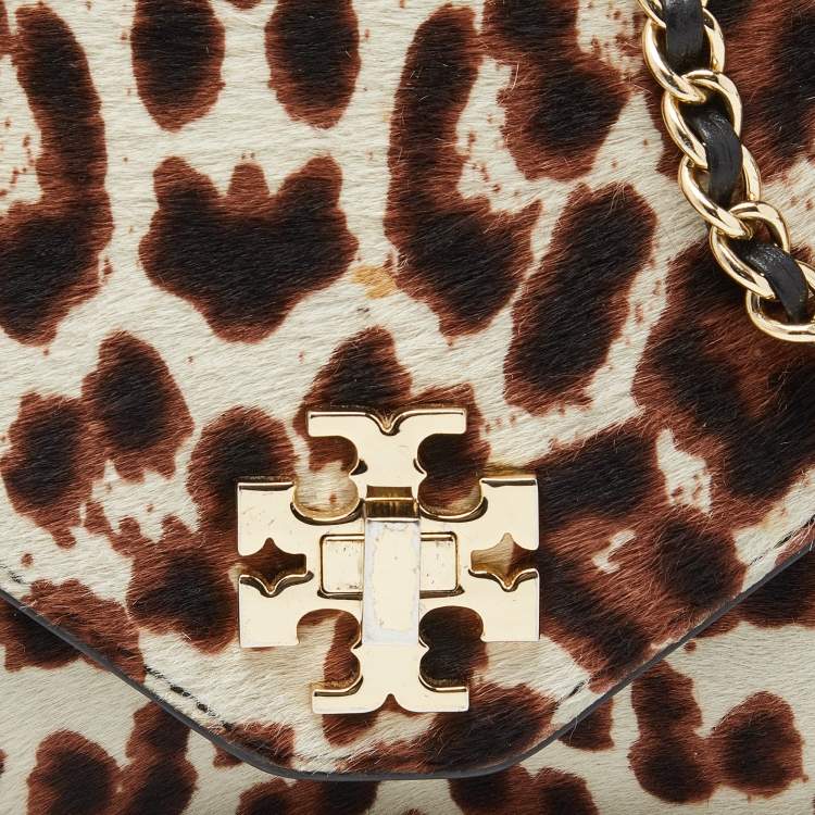 Pre Owned Tory Burch Brown/Black Printed Fur and Leather Kira Envelope Flap Chain Bag