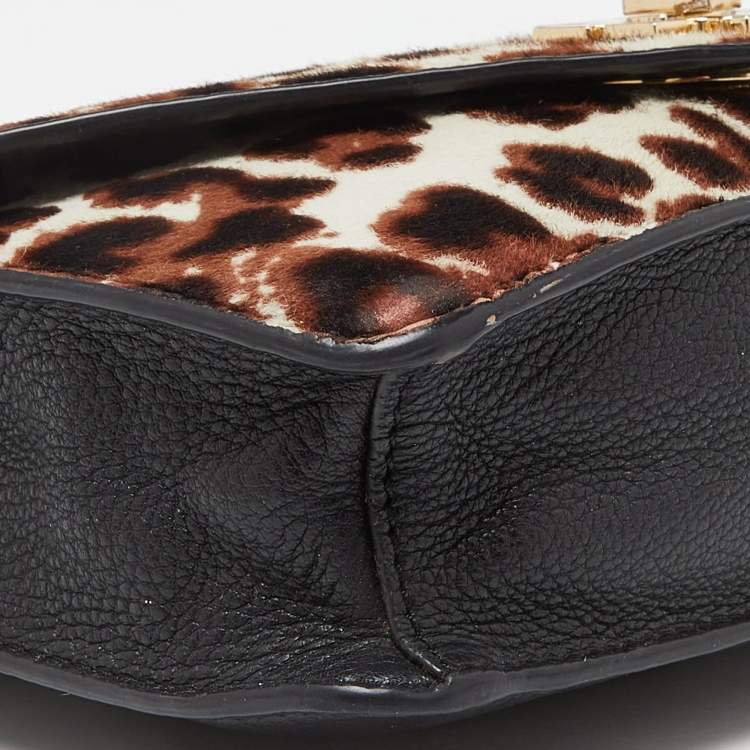 Pre Owned Tory Burch Brown/Black Printed Fur and Leather Kira Envelope Flap Chain Bag