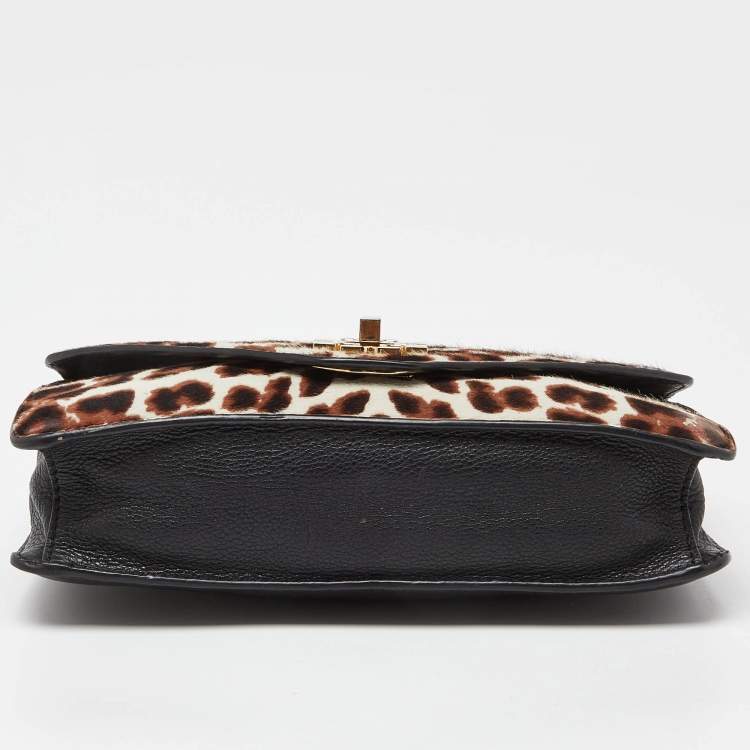Pre Owned Tory Burch Brown/Black Printed Fur and Leather Kira Envelope Flap Chain Bag