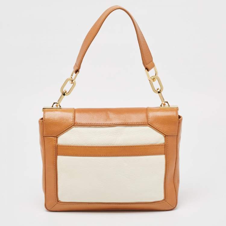 Pre Owned Tory Burch Tan/Off White Leather Lock Flap Shoulder Bag