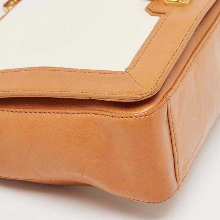 Pre Owned Tory Burch Tan/Off White Leather Lock Flap Shoulder Bag