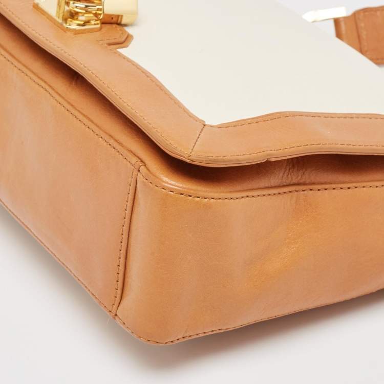 Pre Owned Tory Burch Tan/Off White Leather Lock Flap Shoulder Bag