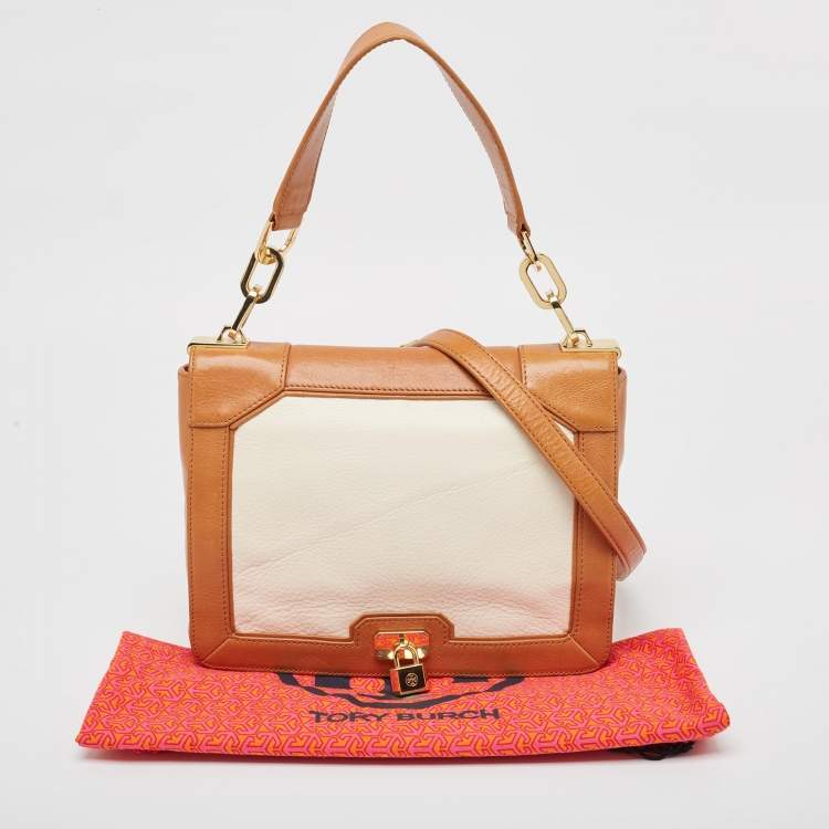 Pre Owned Tory Burch Tan/Off White Leather Lock Flap Shoulder Bag