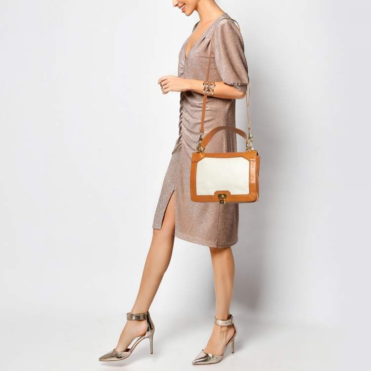 Pre Owned Tory Burch Tan/Off White Leather Lock Flap Shoulder Bag