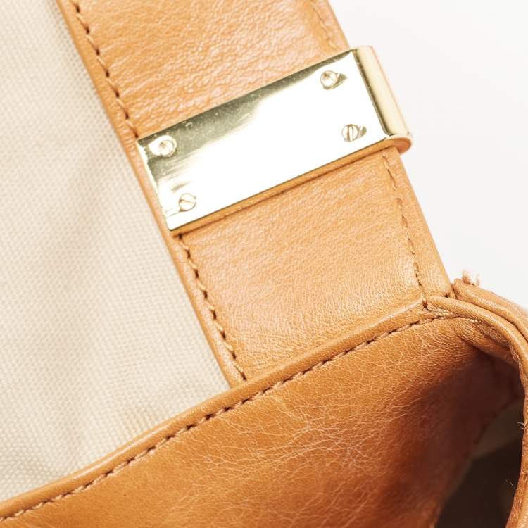 Pre Owned Tory Burch Tan/Off White Leather Lock Flap Shoulder Bag