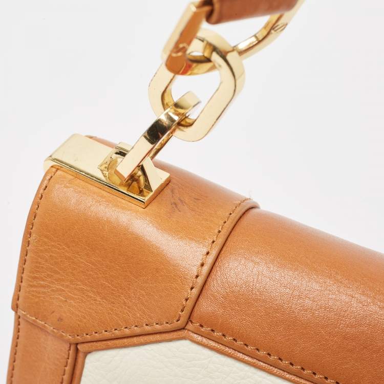 Pre Owned Tory Burch Tan/Off White Leather Lock Flap Shoulder Bag