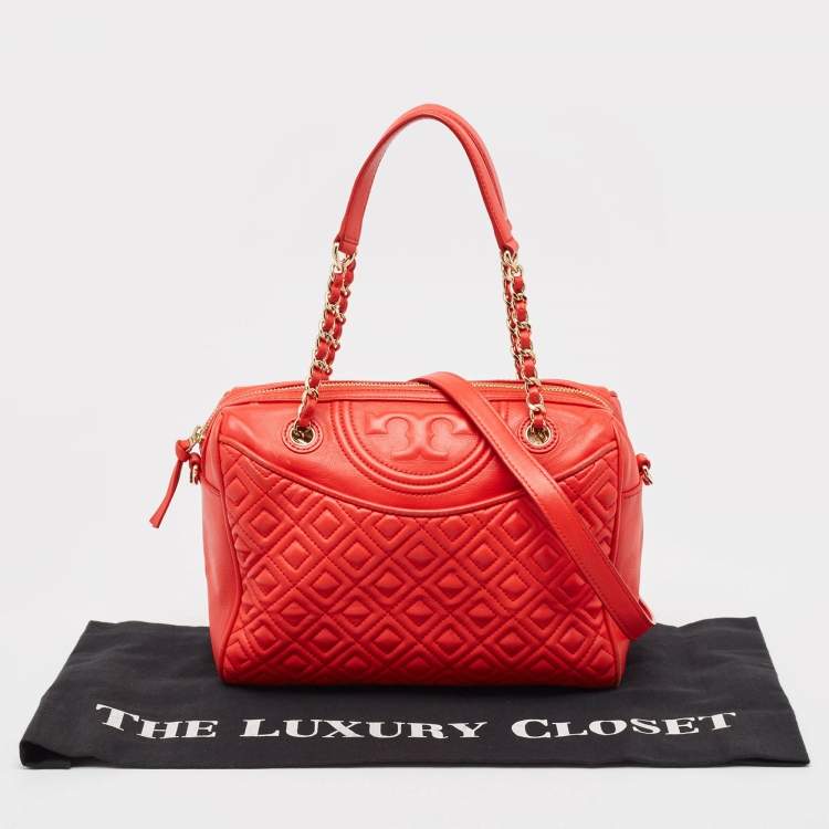 Pre Owned Tory Burch Red Quilted Leather Fleming Duffel Bag