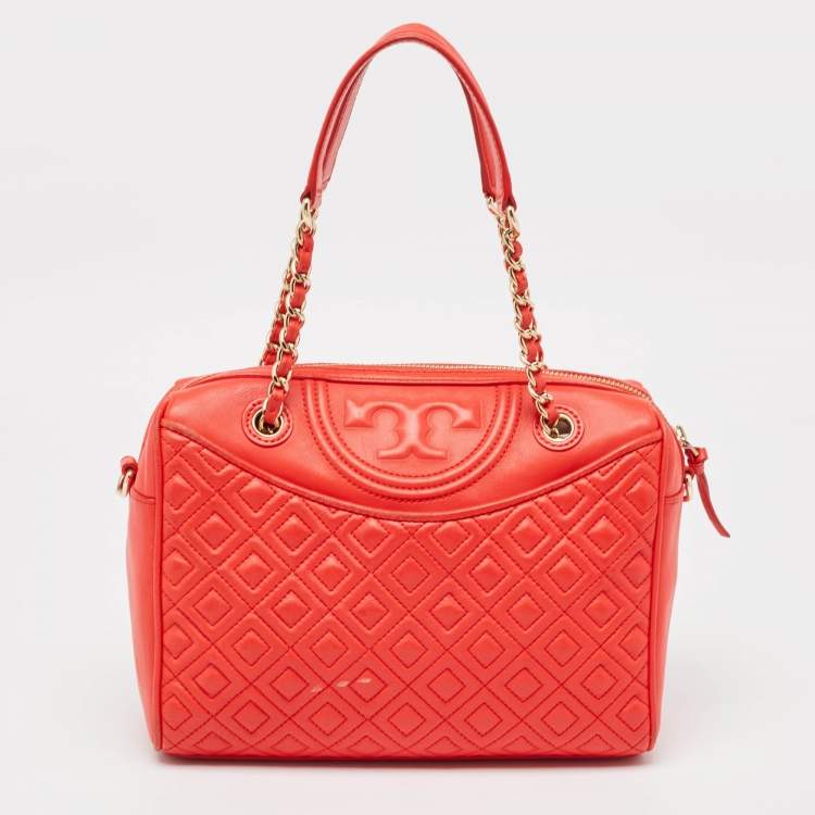 Pre Owned Tory Burch Red Quilted Leather Fleming Duffel Bag