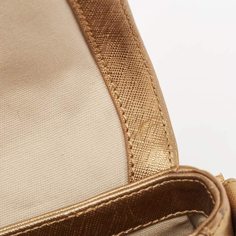 Pre Owned Tory Burch Gold Leather Logo Flap Chain Bag