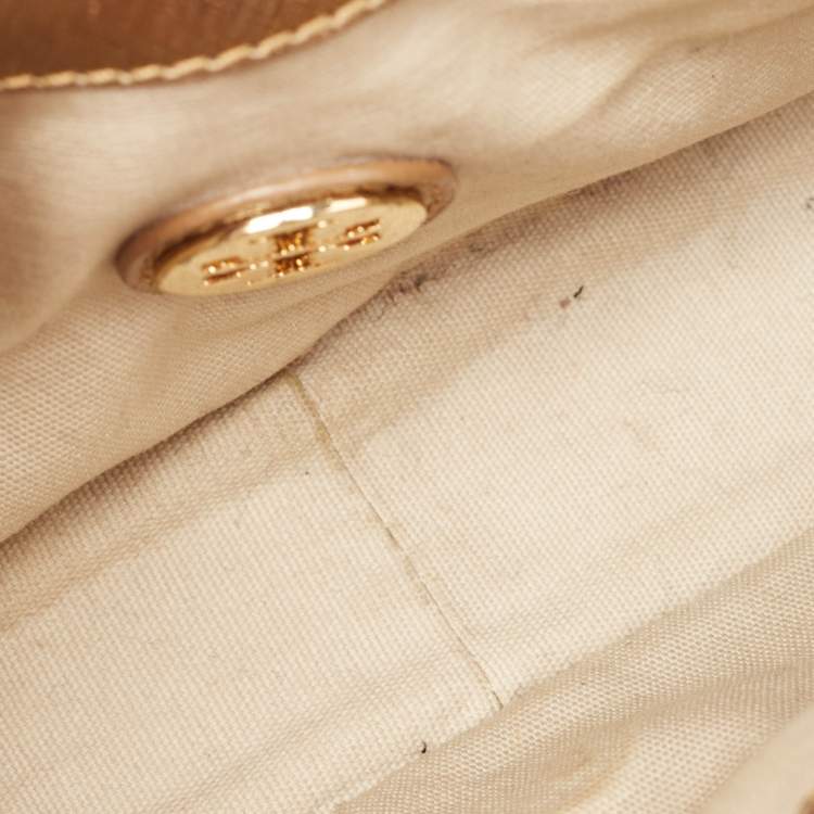 Pre Owned Tory Burch Gold Leather Logo Flap Chain Bag