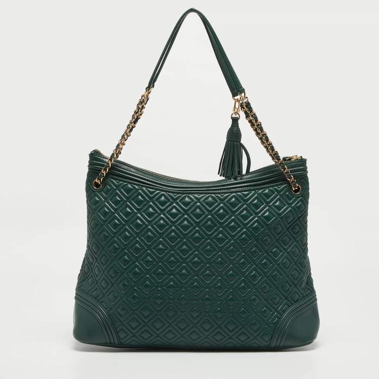 Pre Owned Tory Burch Green Leather Fleming Top Zip Shoulder Bag