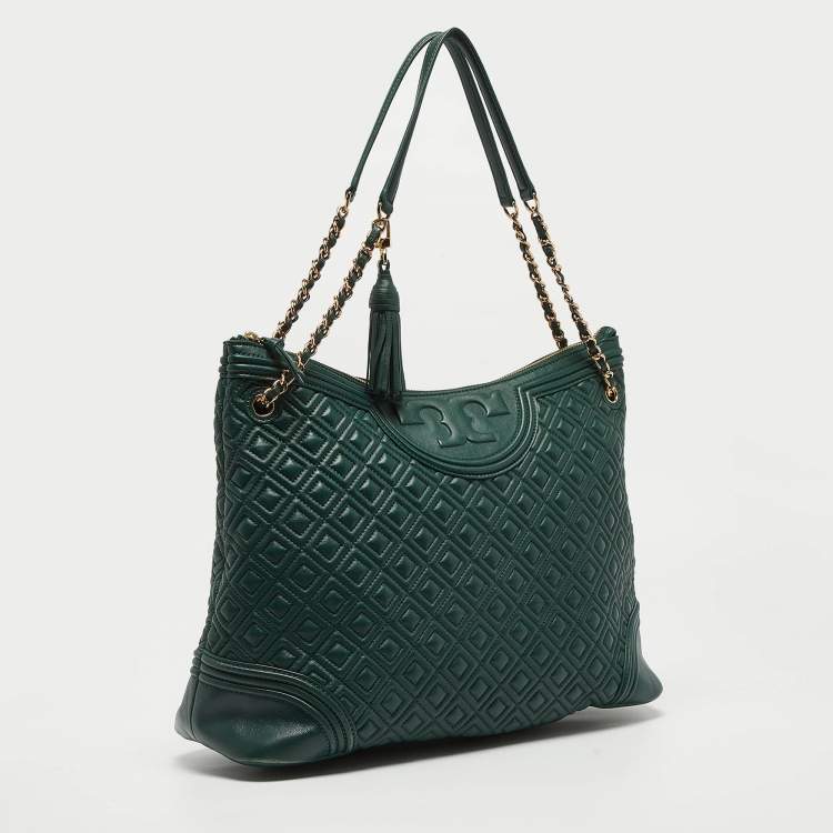 Pre Owned Tory Burch Green Leather Fleming Top Zip Shoulder Bag