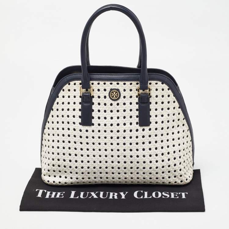 Pre Owned Tory Burch White/Blue Woven Leather Robinson Dome Satchel