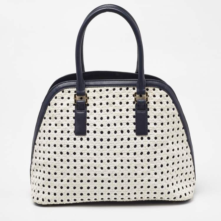 Pre Owned Tory Burch White/Blue Woven Leather Robinson Dome Satchel