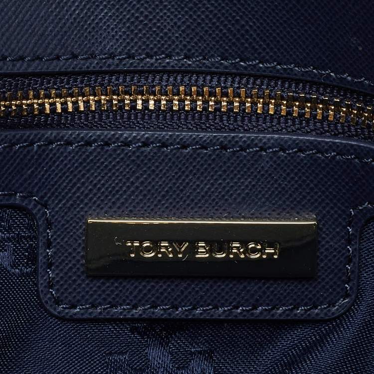 Pre Owned Tory Burch White/Blue Woven Leather Robinson Dome Satchel